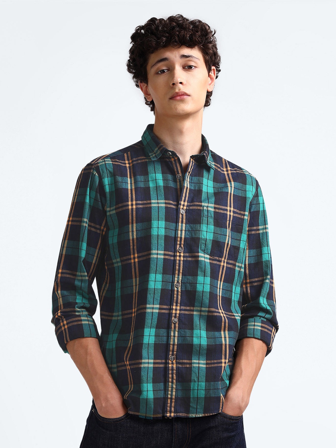 

Flying Machine Slim Fit Tartan Checks Spread Collar Cotton Twill Casual Shirt, Green