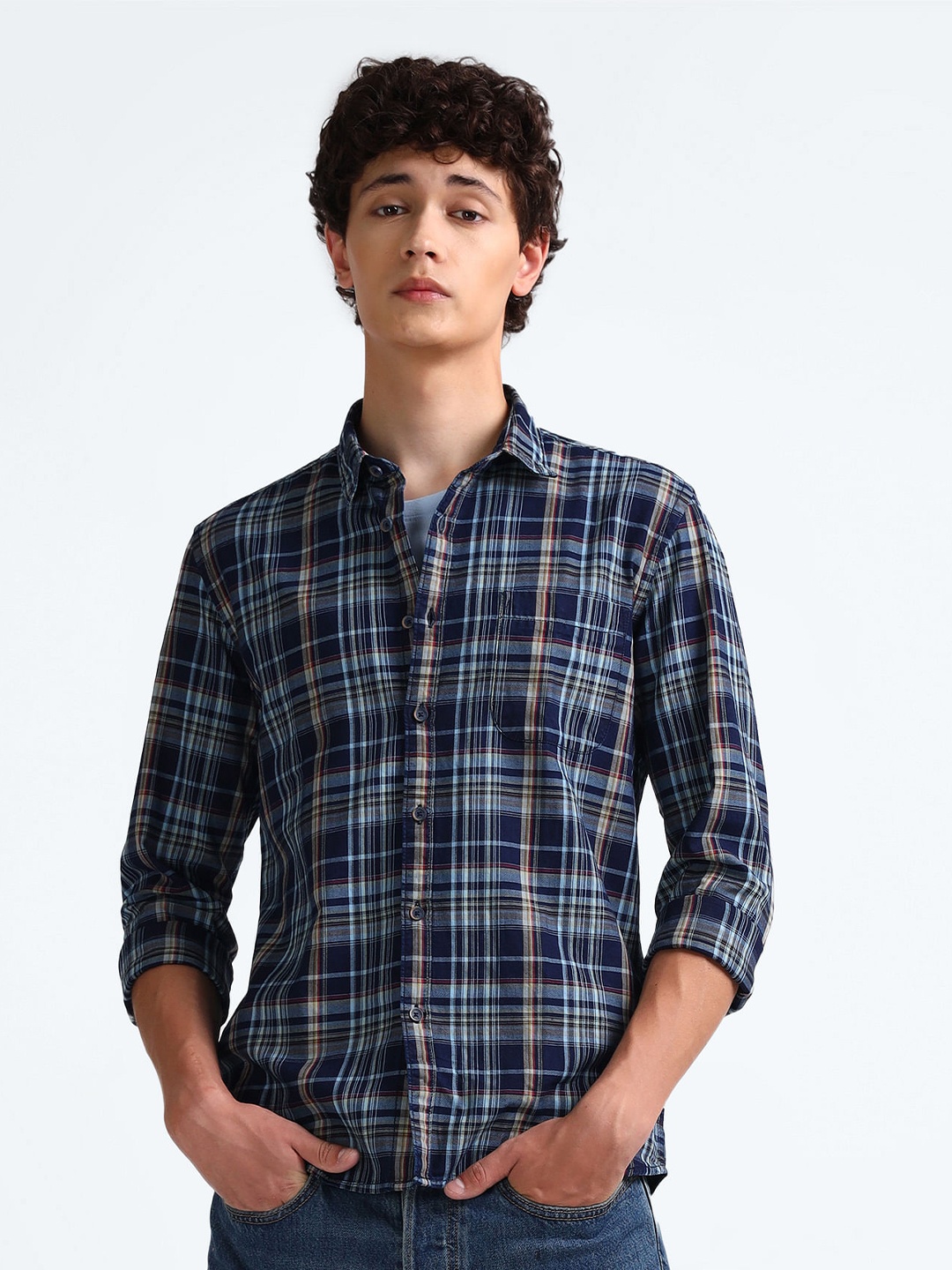 

Flying Machine Slim Fit Tartan Checked Spread Collar Long Sleeves Cotton Casual Shirt, Blue