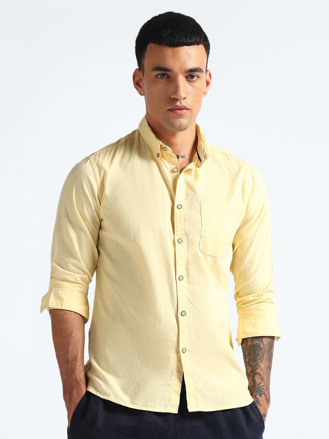 

Flying Machine Button Down Collar Pure Cotton Casual Shirt, Yellow