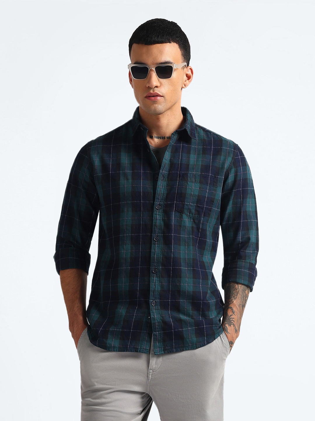 

Flying Machine Slim Fit Tartan Checks Spread Collar Cotton Twill Casual Shirt, Green