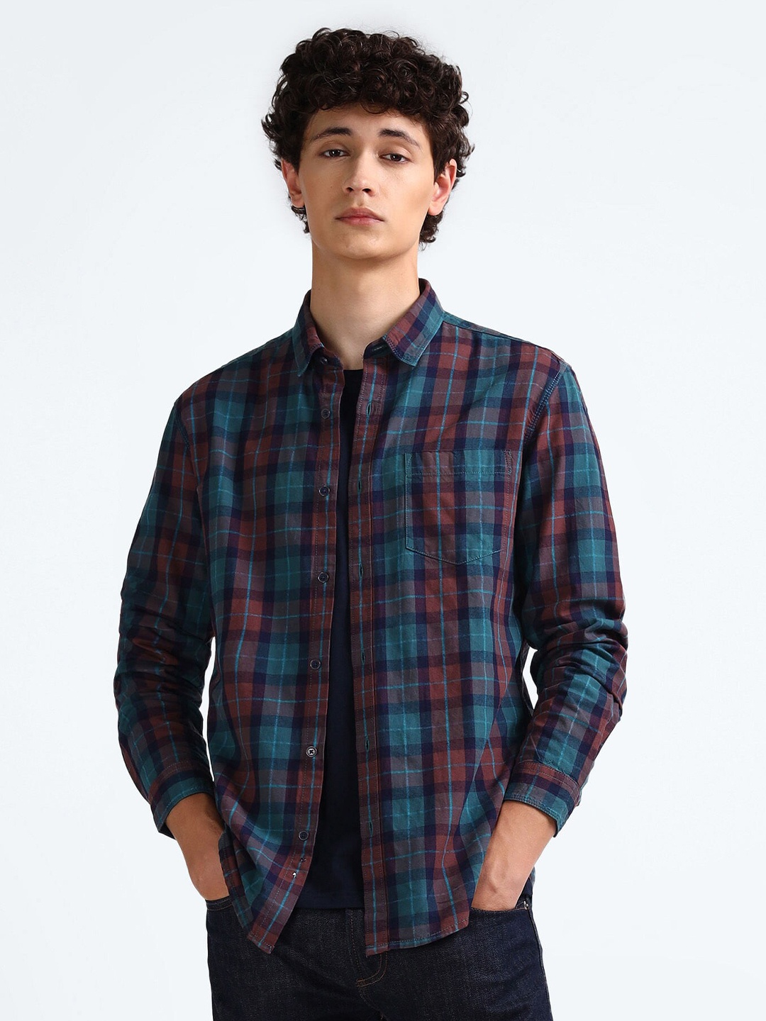 

Flying Machine Slim Fit Tartan Checked Cotton Casual Shirt, Red