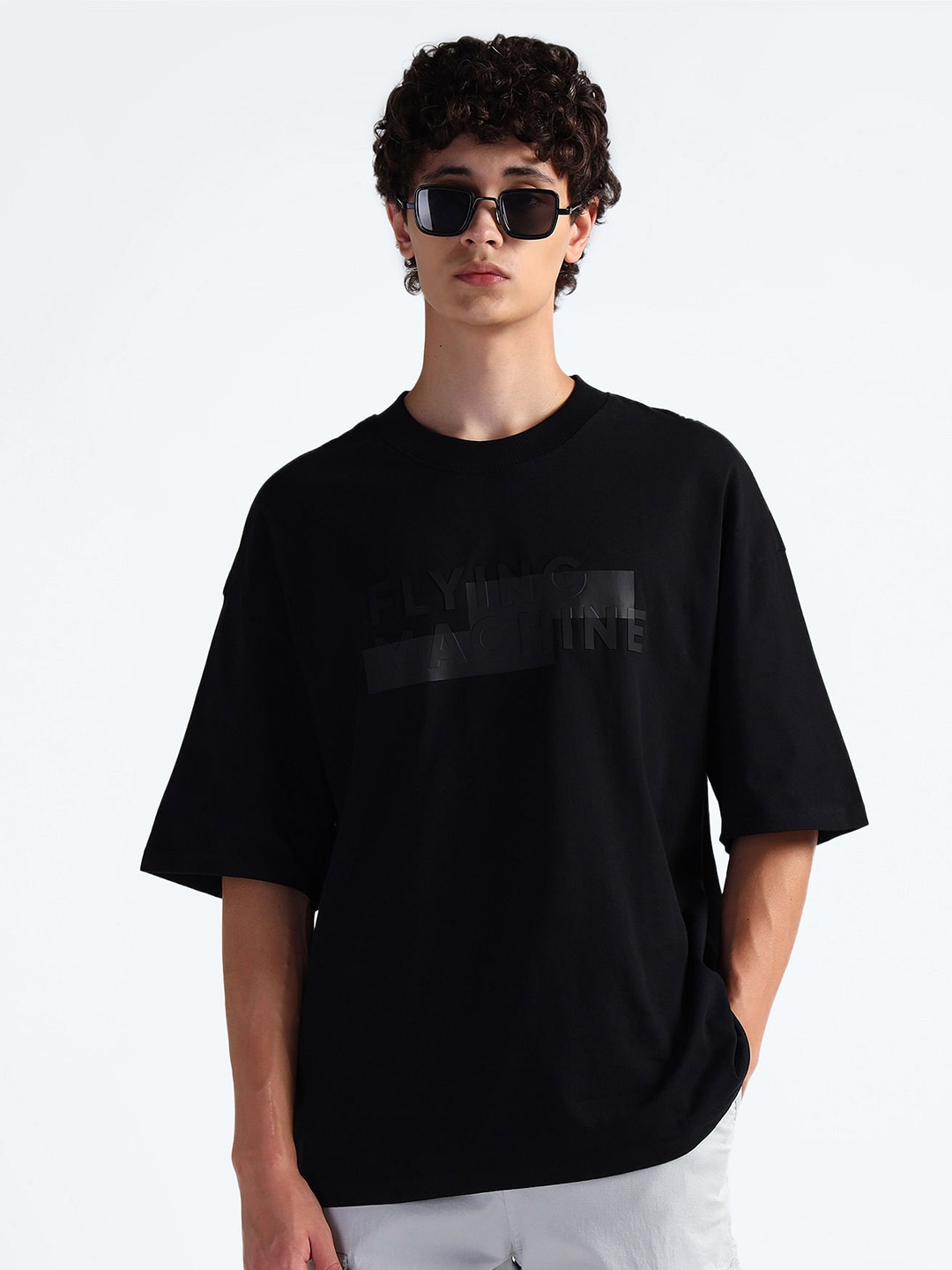 

Flying Machine Round Neck Typography Printed Cotton Oversized T-shirt, Black