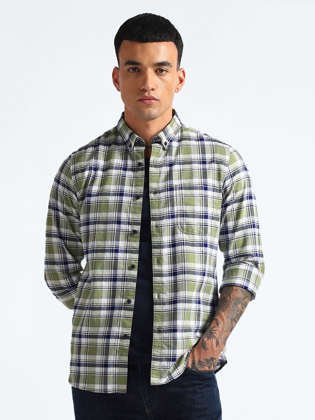 

Flying Machine Slim Fit Tartan Checks Button Down Collar Cotton Oxford Casual Shirt, Green