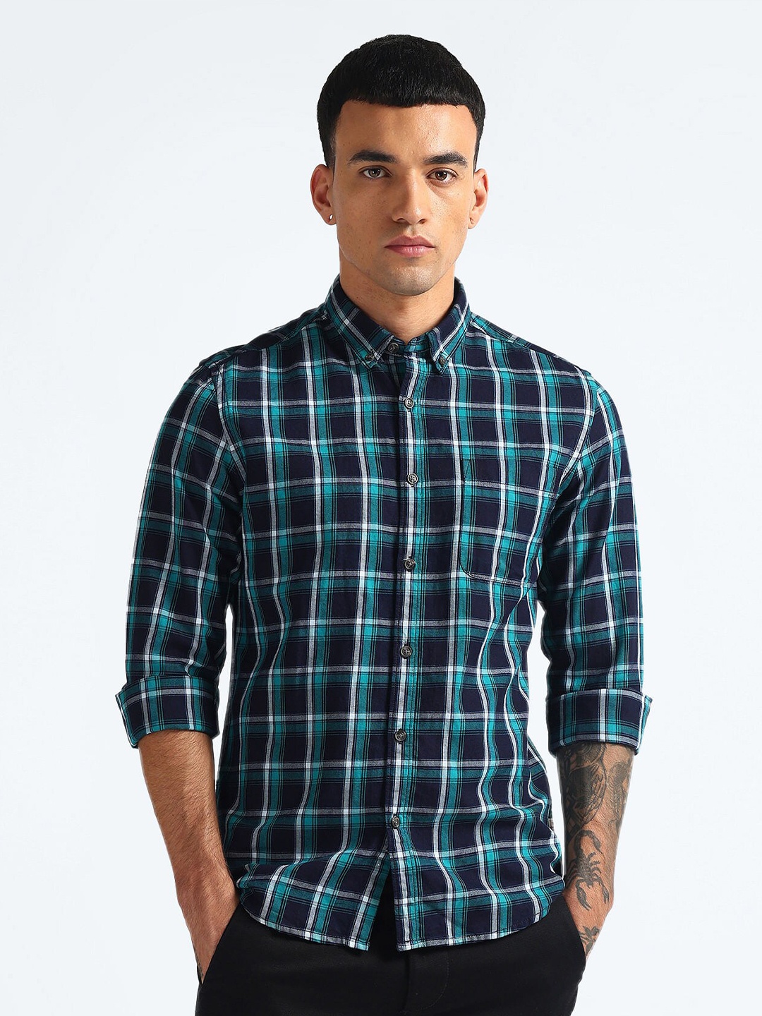 

Flying Machine Tartan Checked Slim Fit Cotton Opaque Casual Shirt, Green