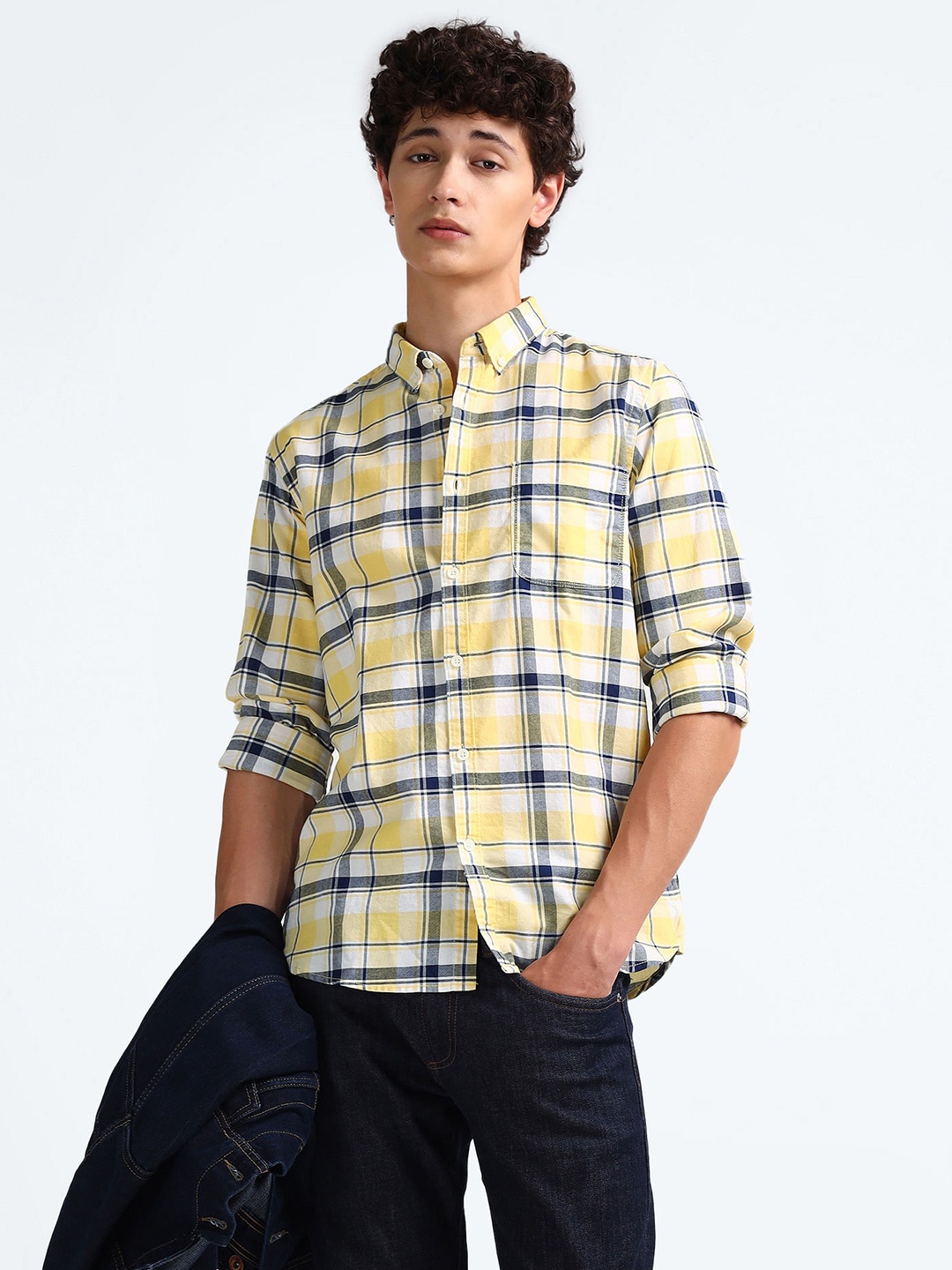 

Flying Machine Slim Fit Tartan Checked Button-Down Collar Long Sleeves Cotton Casual Shirt, Yellow