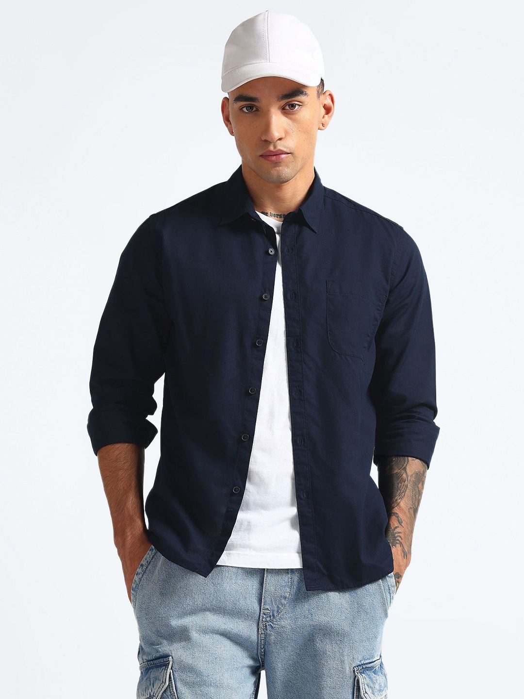 

Flying Machine Slim Fit Spread Collar Long Sleeves Cotton Casual Shirt, Blue