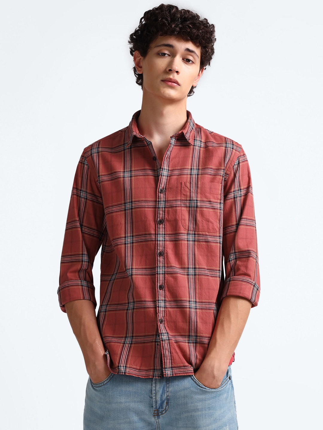 

Flying Machine Slim Fit Tartan Checks Spread Collar Cotton Twill Casual Shirt, Red