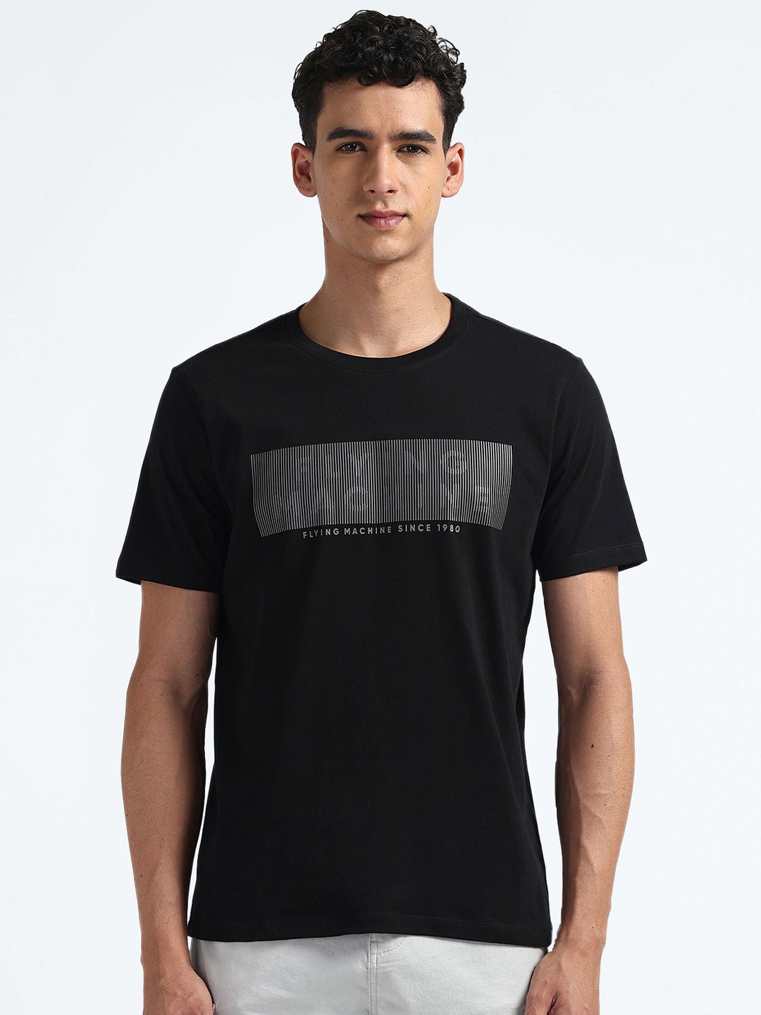 

Flying Machine Typography Printed Round Neck Short Sleeves Pure Cotton T-Shirt, Black