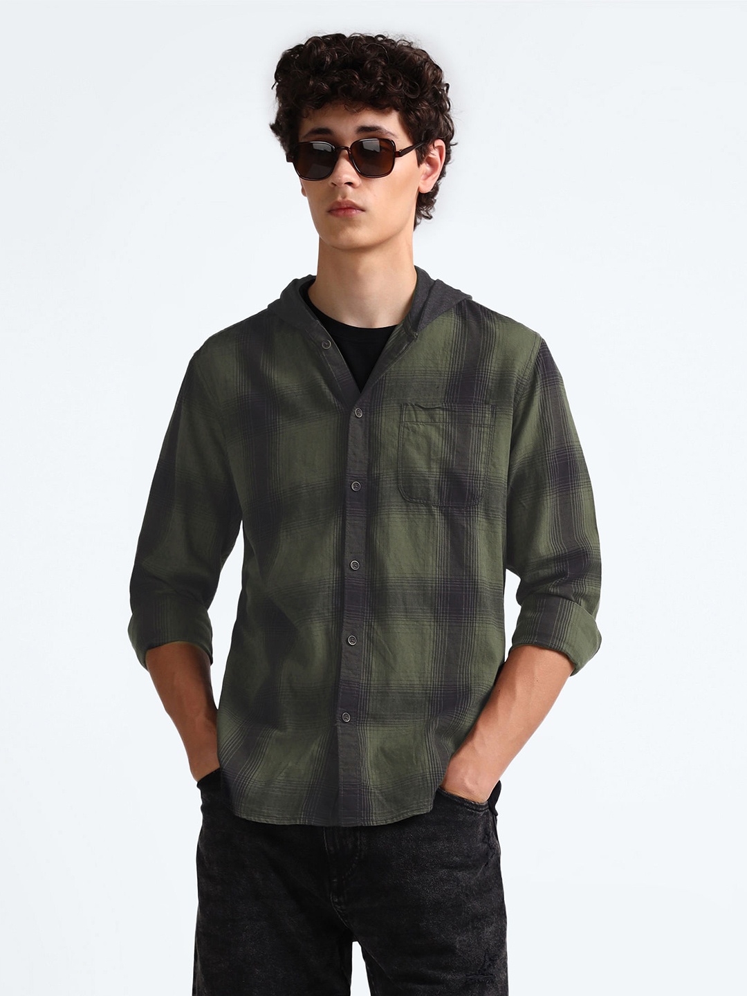 

Flying Machine Checked Hood Long Sleeves Cotton Casual Shirt, Green