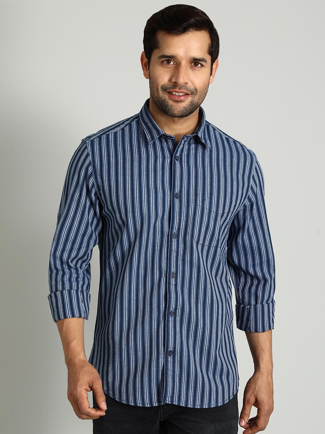 

Indian Terrain Chiseled Skinny Fit Striped Spread Collar Cotton Shirt, Blue