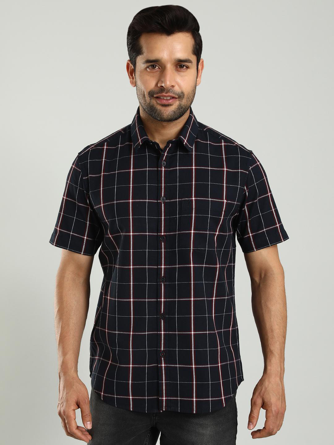 

Indian Terrain Classic Checked Cutaway Collar Slim Fit Cotton Casual Shirt, Blue