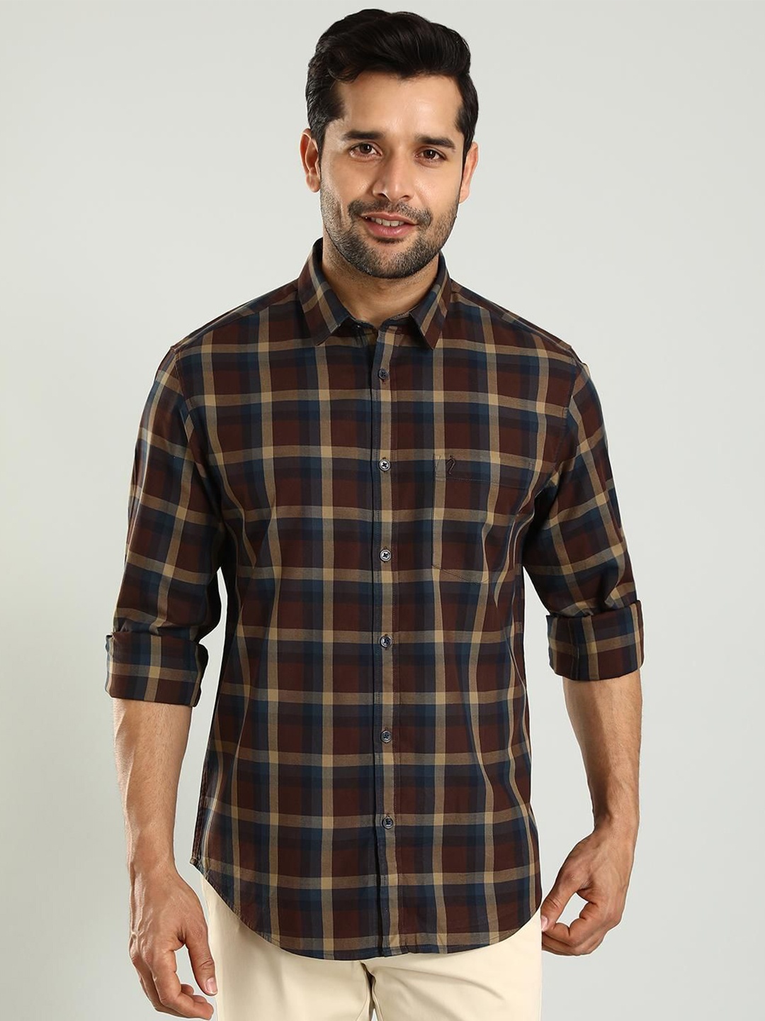 

Indian Terrain Classic Slim Fit Tartan Checked Spread Collar Cotton Shirt, Brown