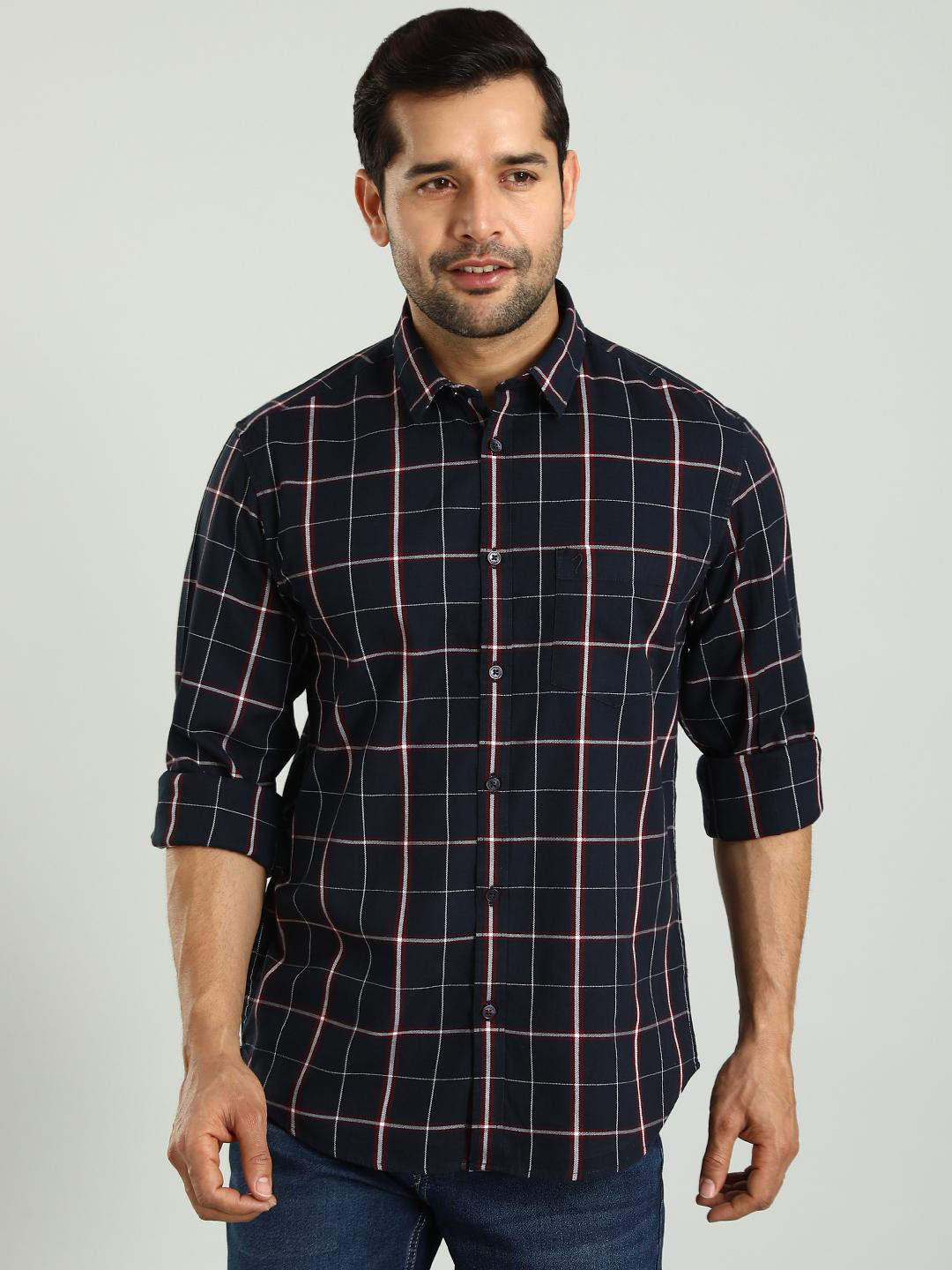 

Indian Terrain Spread Collar Long Sleeves Classic Slim Fit Checked Cotton Casual Shirt, Blue