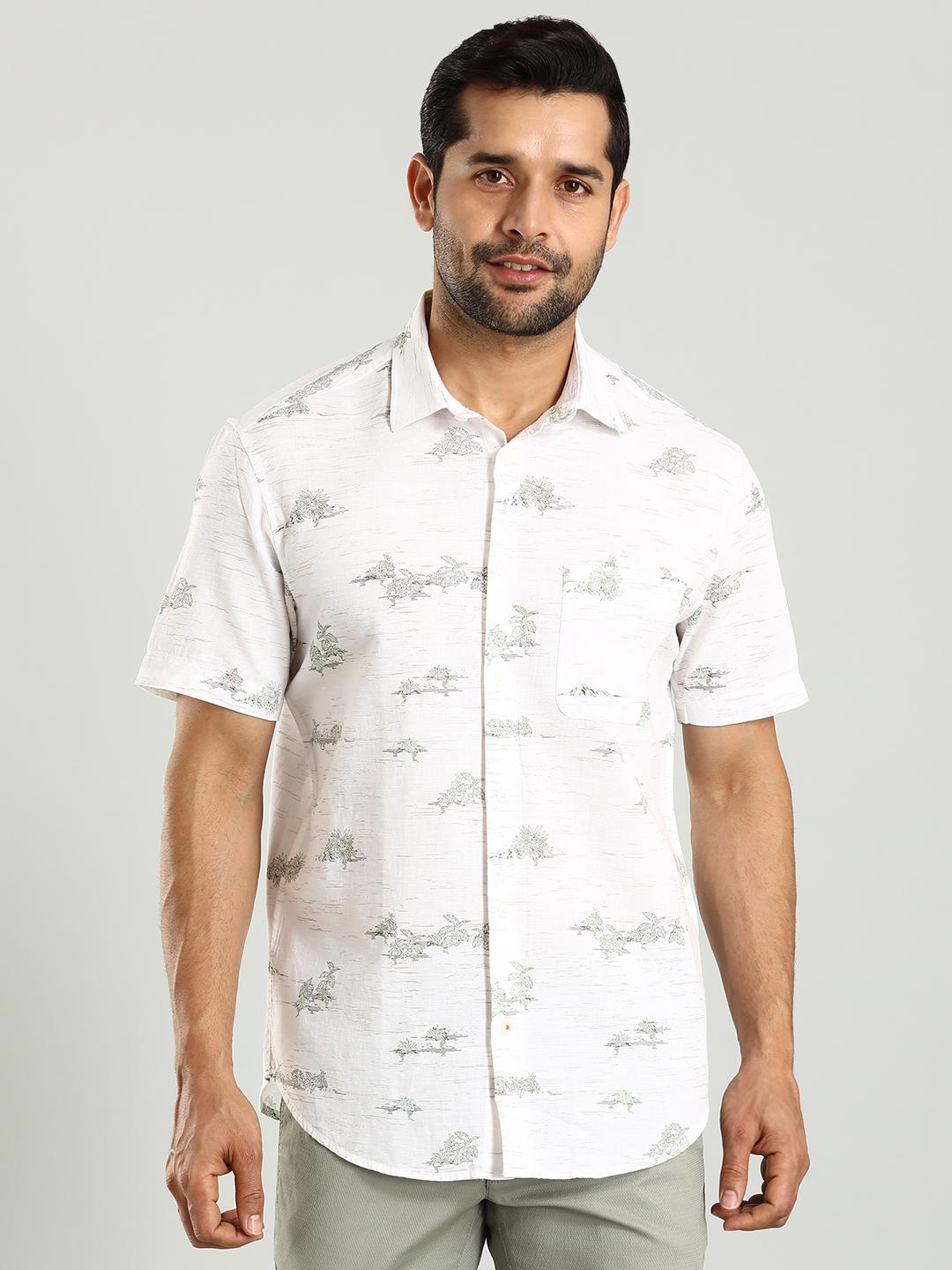 

Indian Terrain Classic Slim Fit Floral Printed Cotton Linen Casual Shirt, White