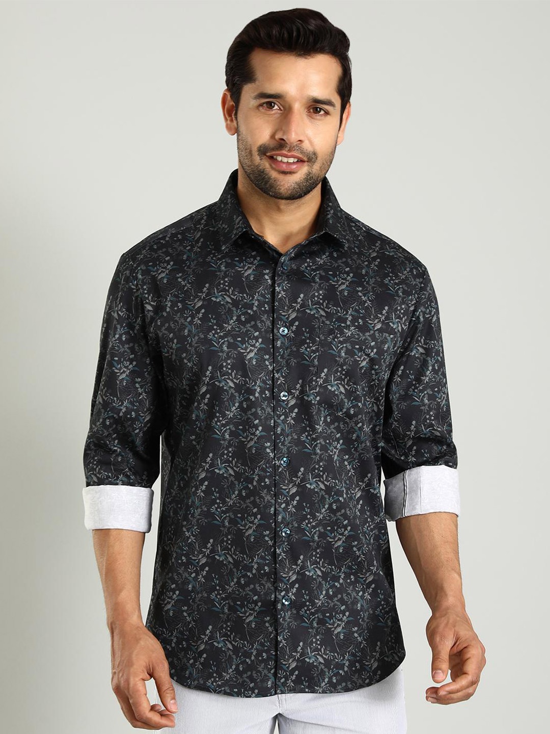 

Indian Terrain Classic Spread Collar Slim Fit Floral Printed Cotton Casual Shirt, Blue