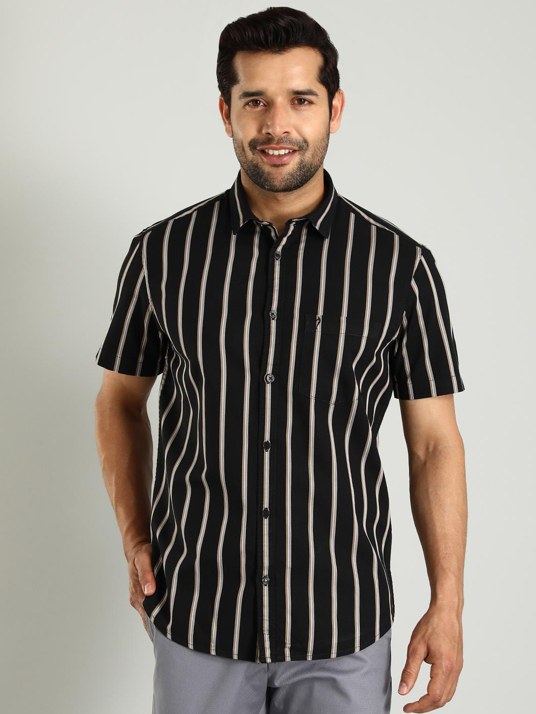 

Indian Terrain Classic Spread Collar Slim Fit Striped Cotton Casual Shirt, Black
