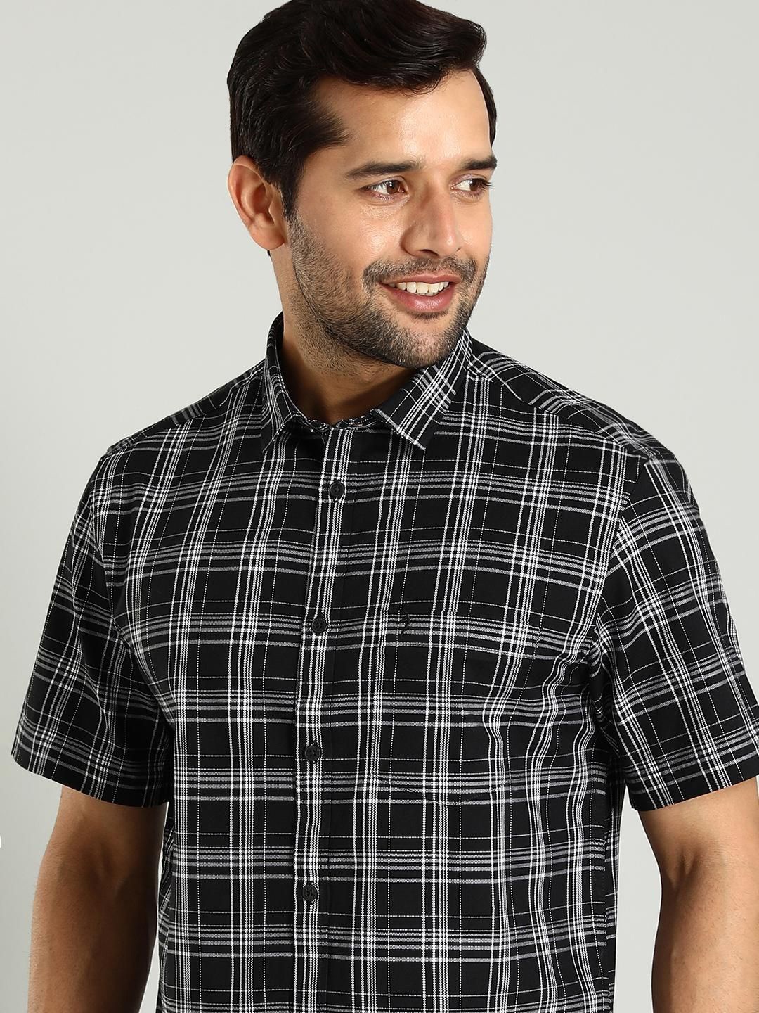 

Indian Terrain Classic Slim Fit Tartan Checked Spread Collar Cotton Shirt, Black