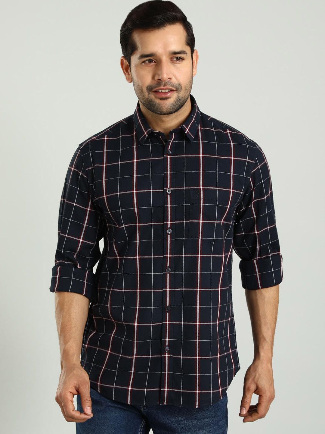 

Indian Terrain Classic Slim Fit Windowpane Checked Cotton Casual Shirt, Blue