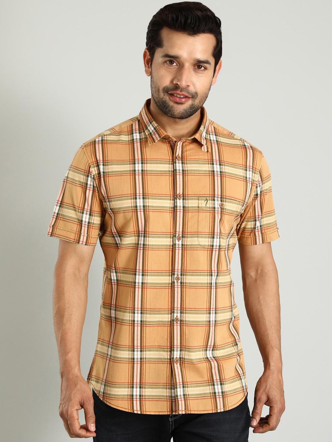 

Indian Terrain Classic Slim Fit Tartan Checked Spread Collar Cotton Shirt, Brown