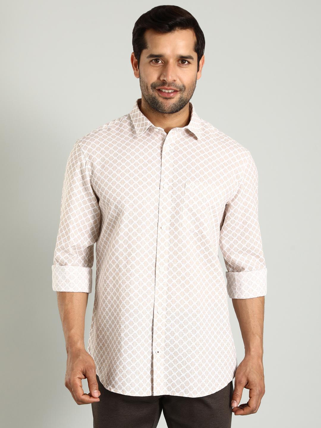 

Indian Terrain Spread Collar Long Sleeves Classic Slim Fit Geometric Printed Casual Shirt, White