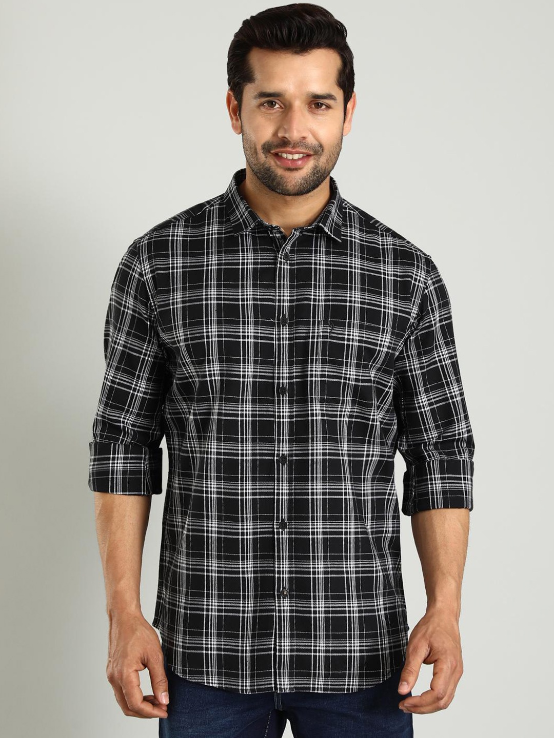 

Indian Terrain Classic Slim Fit Tartan Checked Spread Collar Cotton Shirt, Black