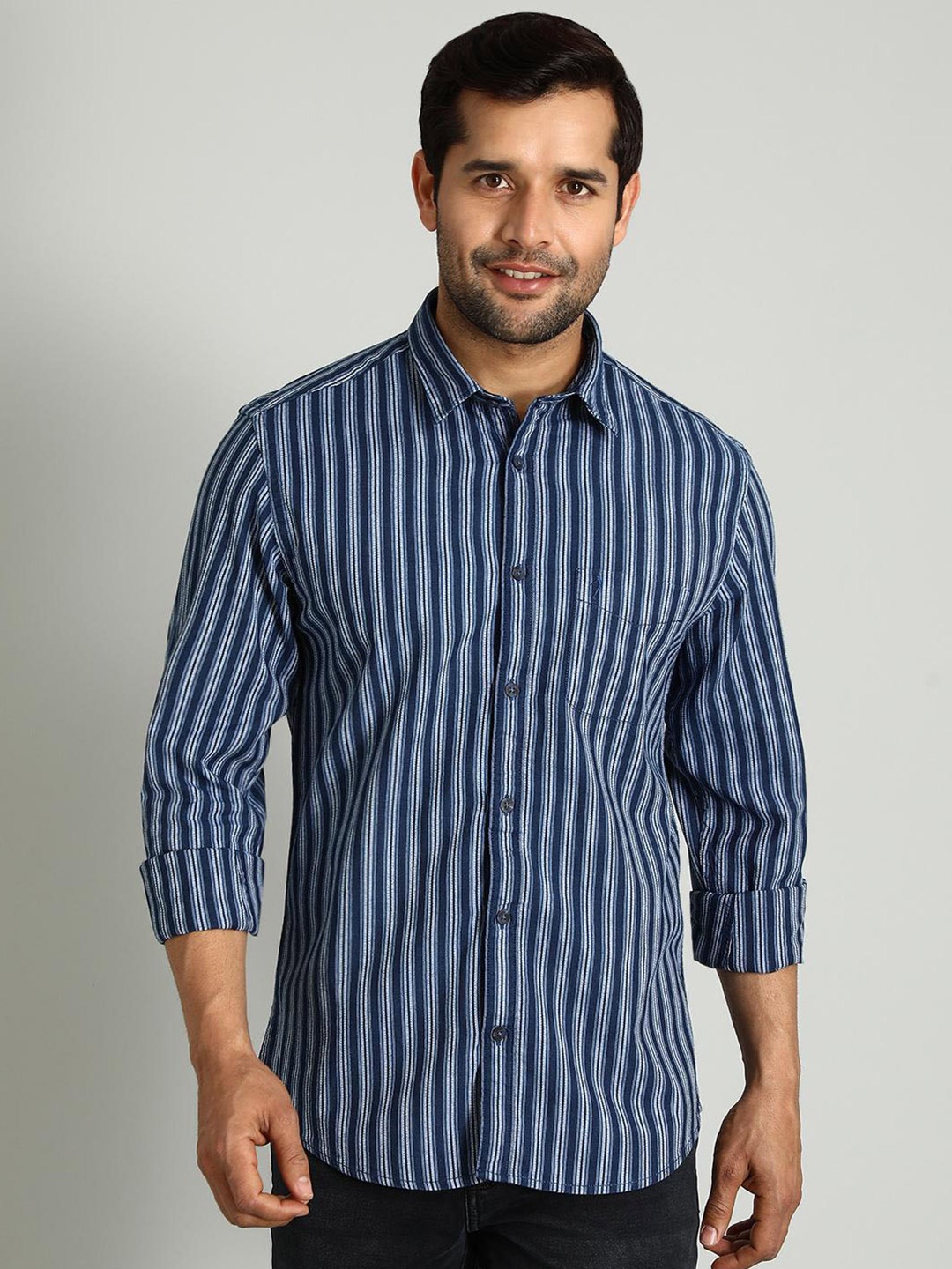 

Indian Terrain Chiseled Spread Collar Skinny Fit Cotton Striped Casual Shirt, Blue