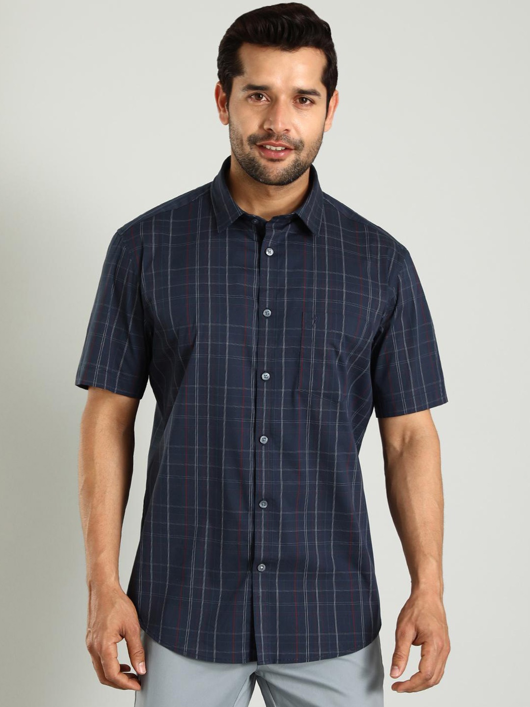 

Indian Terrain Classic Slim Fit Windowpane Checked Spread Collar Shirt, Blue