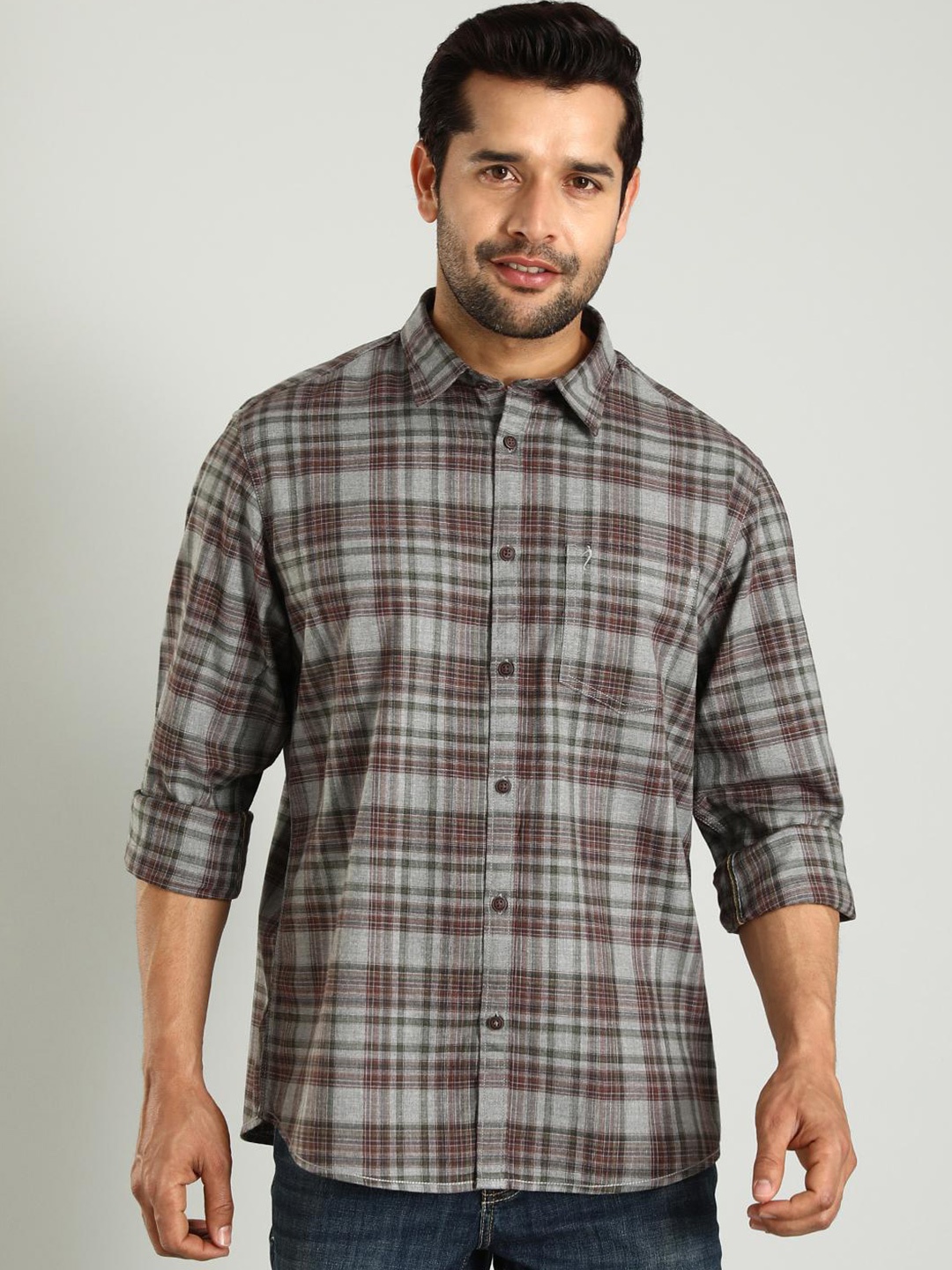 

Indian Terrain Classic Slim Fit Tartan Checks Checked Cotton Casual Shirt, Grey