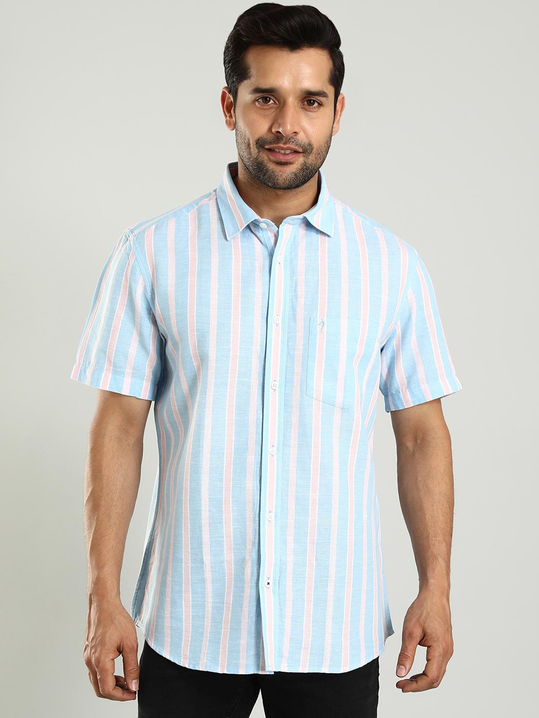 

Indian Terrain Classic Slim Fit Striped Spread Collar Short Sleeves Cotton Casual Shirt, Blue