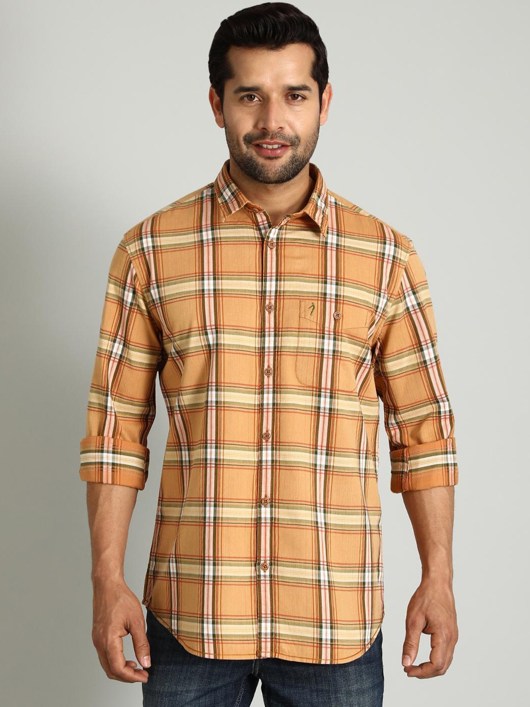 

Indian Terrain Classic Slim Fit Tartan Checked Cotton Casual Shirt, Brown