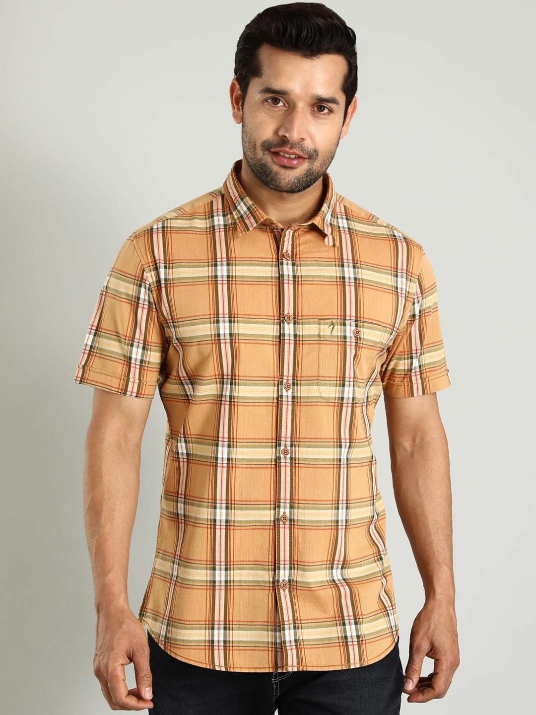 

Indian Terrain Classic Tartan Checks Slim Fit Cotton Casual Shirt, Brown