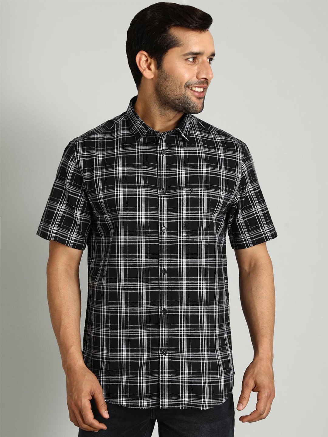 

Indian Terrain Tartan Checksed Classic Slim Fit Cotton Opaque Casual Shirt, Black