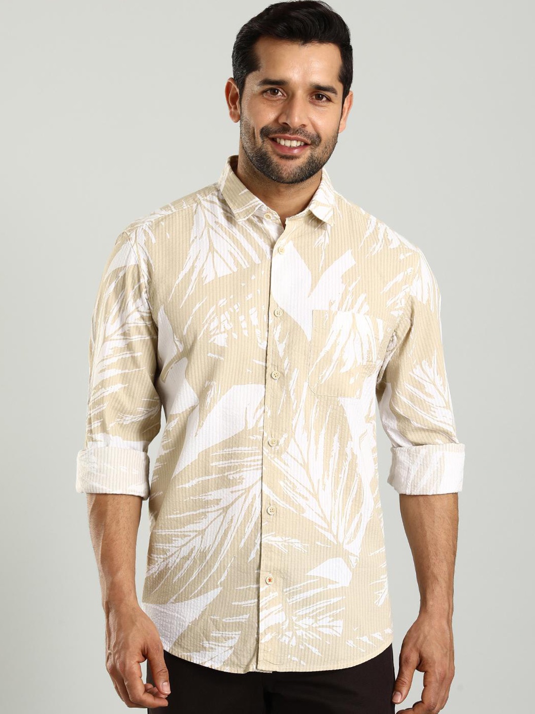 

Indian Terrain Slim Fit Printed Spread Collar Long Sleeves Cotton Casual Shirt, White