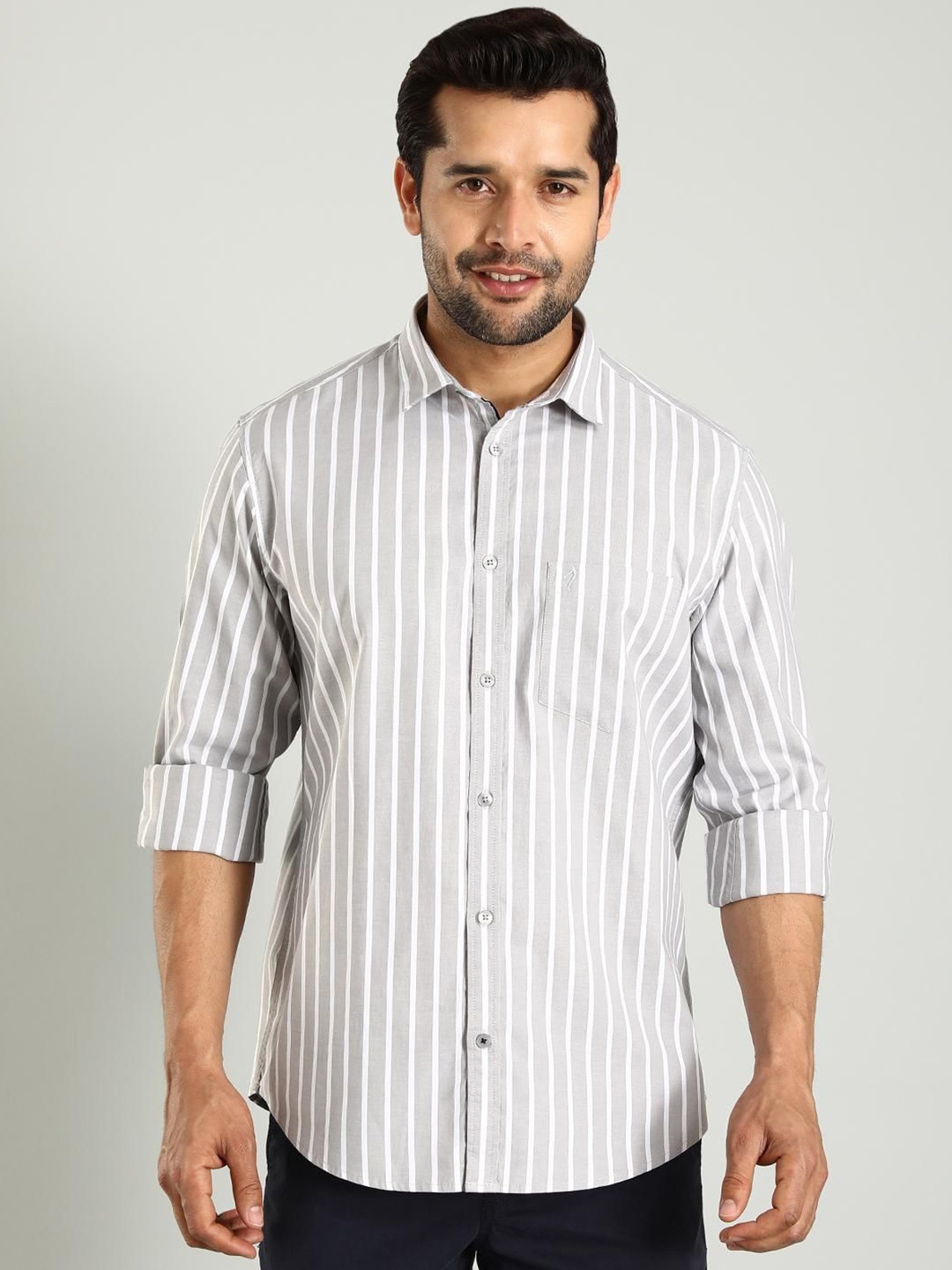 

Indian Terrain Classic Spread Collar Slim Fit Cotton Striped Casual Shirt, Black