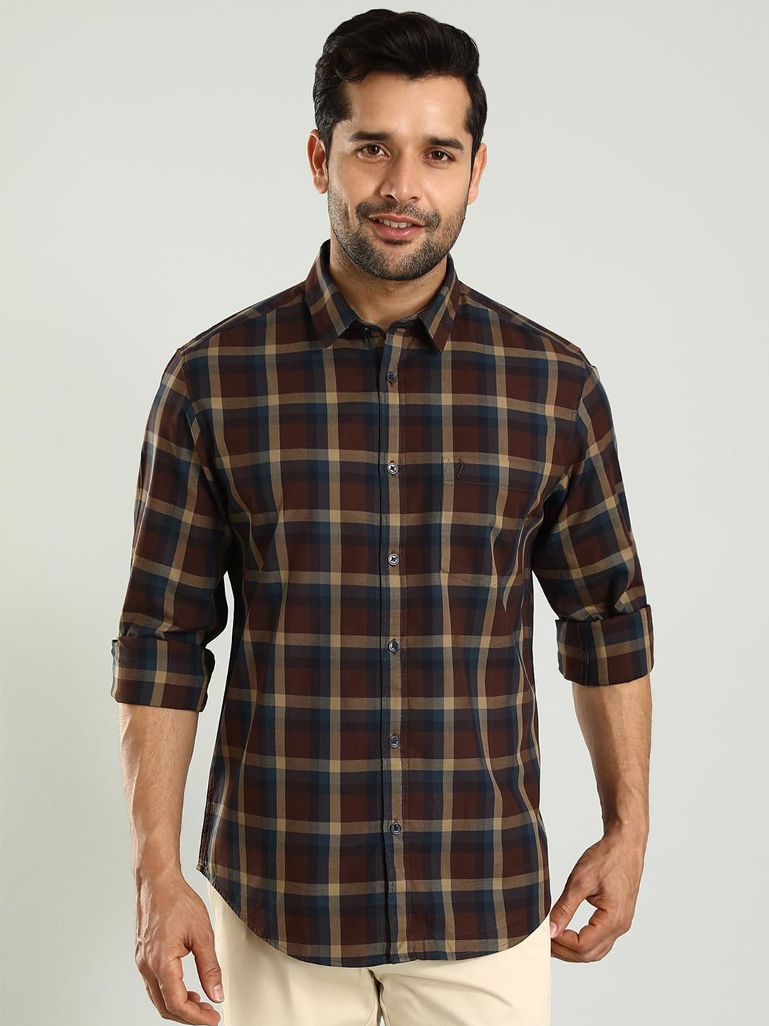 

Indian Terrain Spread Collar Long Sleeves Classic Slim Fit Checked Cotton Casual Shirt, Brown