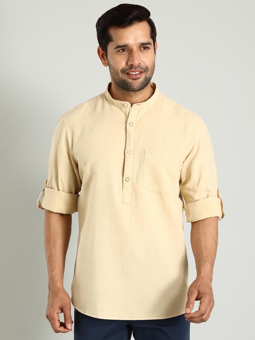 

Indian Terrain Classic Slim Fit Mandarin Collar Roll Up Sleeves Cotton Casual Shirt, Brown