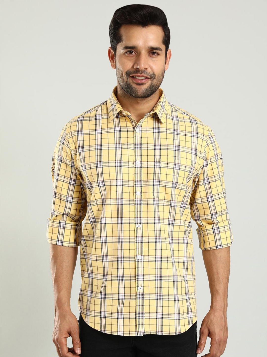 

Indian Terrain Spread Collar Long Sleeves Classic Slim Fit Checked Cotton Casual Shirt, Yellow