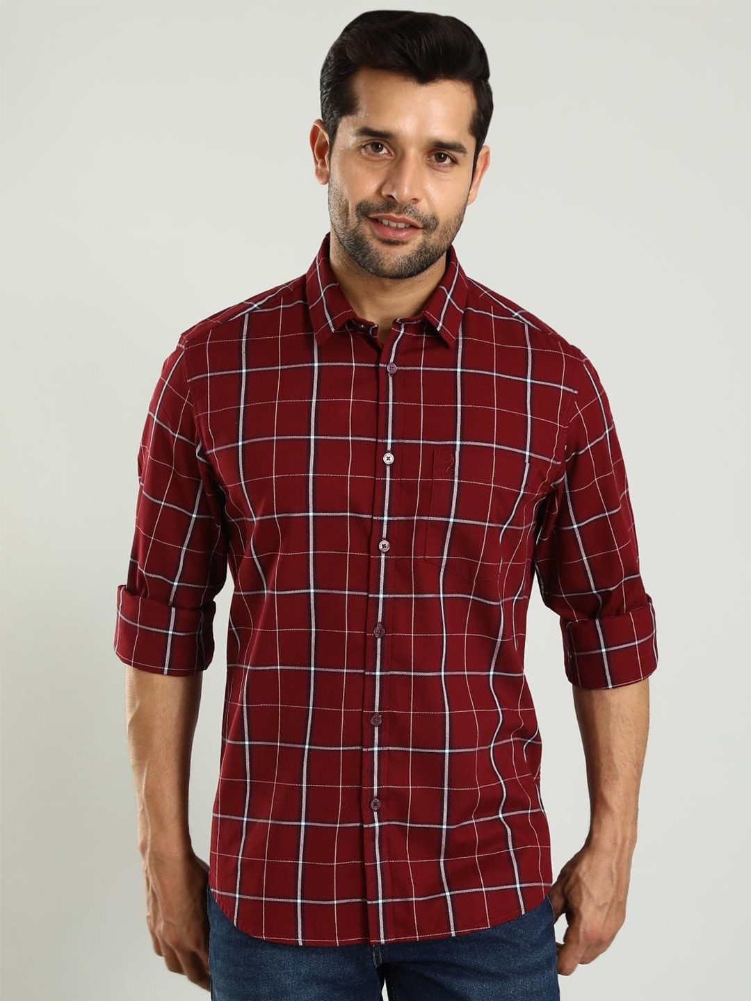 

Indian Terrain Classic Slim Fit Checked Spread Collar Long Sleeves Cotton Casual Shirt, Red