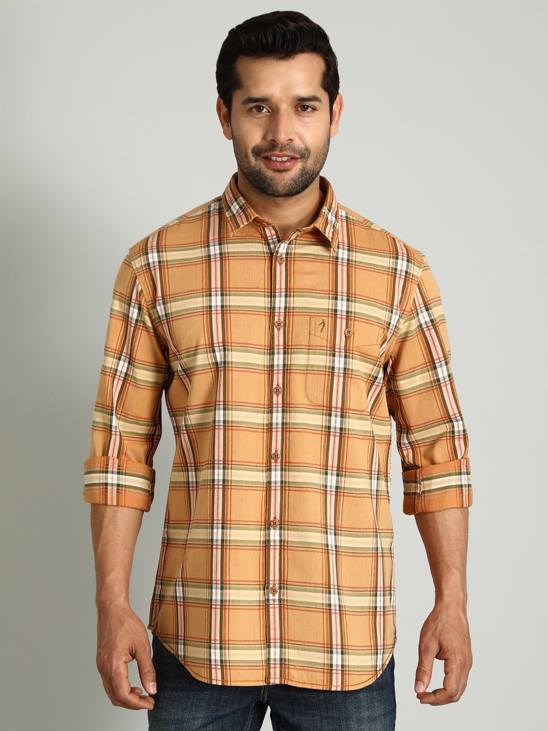 

Indian Terrain Classic Spread Collar Slim Fit Tartan Checks Checked Cotton Casual Shirt, Brown