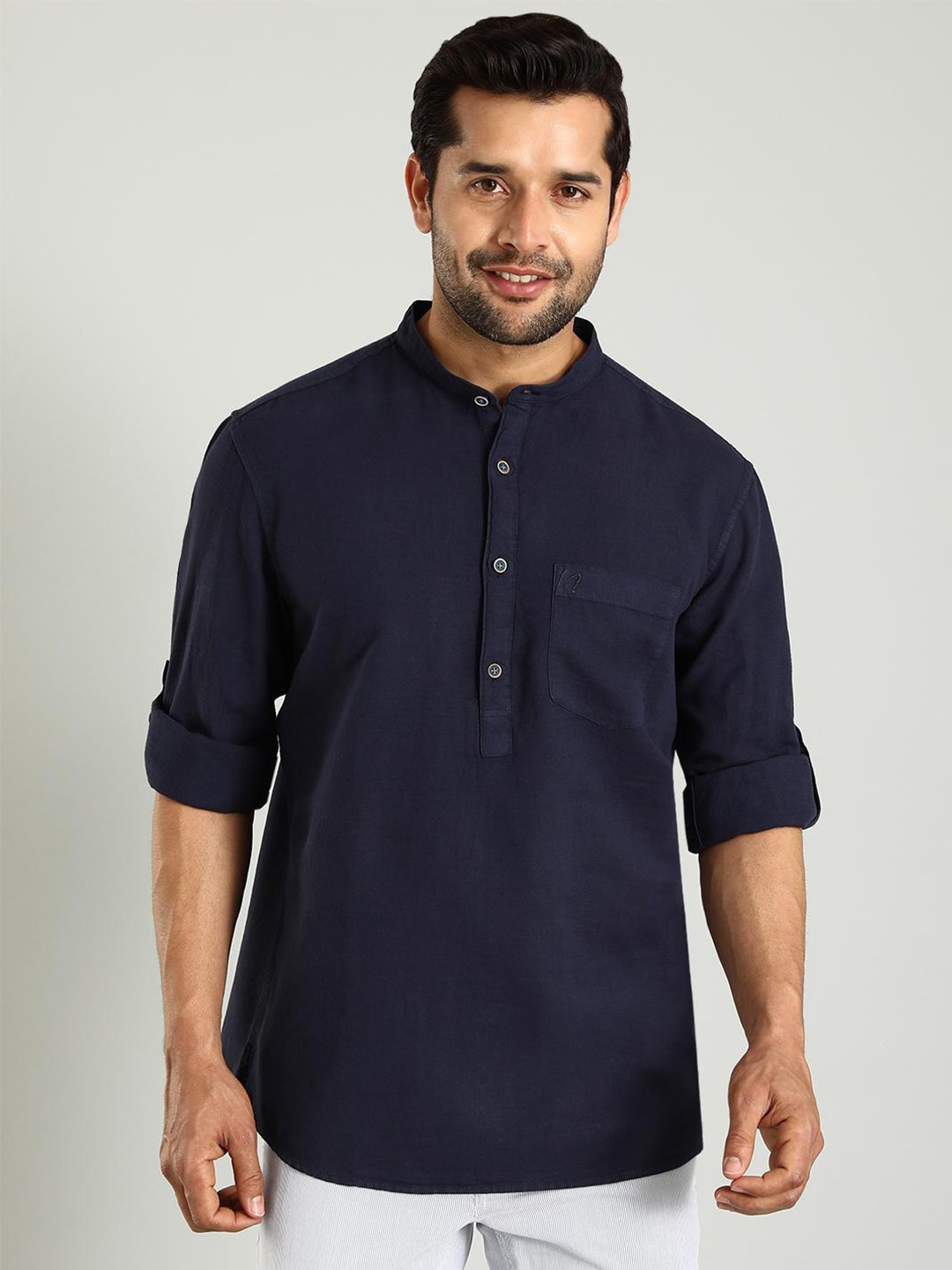 

Indian Terrain Classic Mandarin Collar Slim Fit Cotton Casual Shirt, Blue