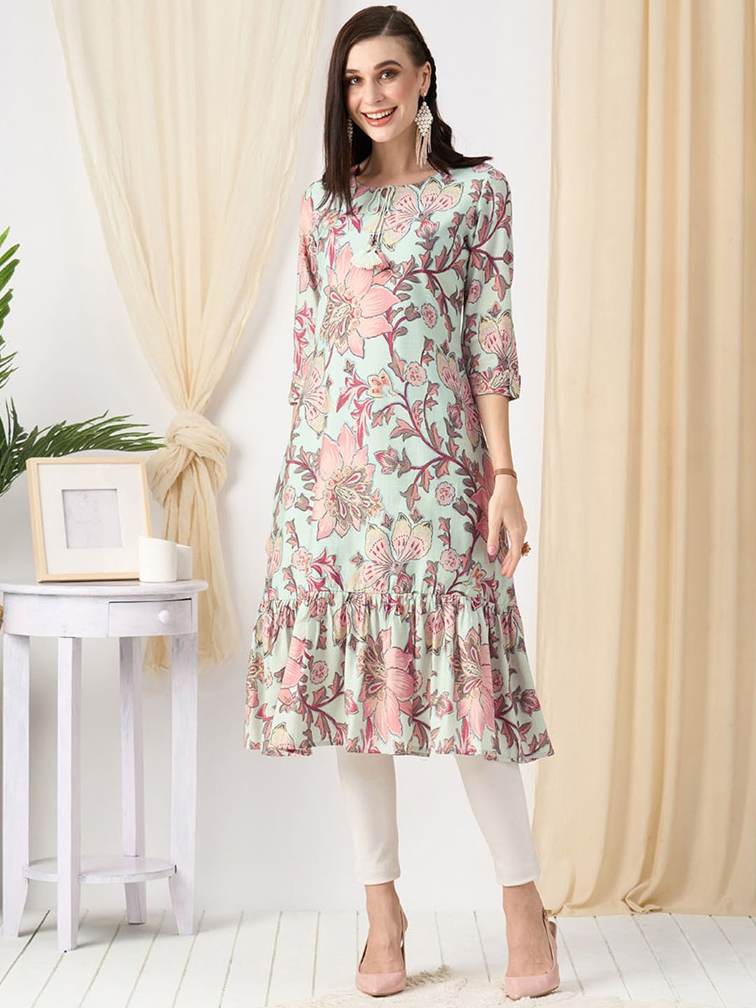 

ODETTE Floral Printed Tie-Up Neck Anarkali Kurta, Blue