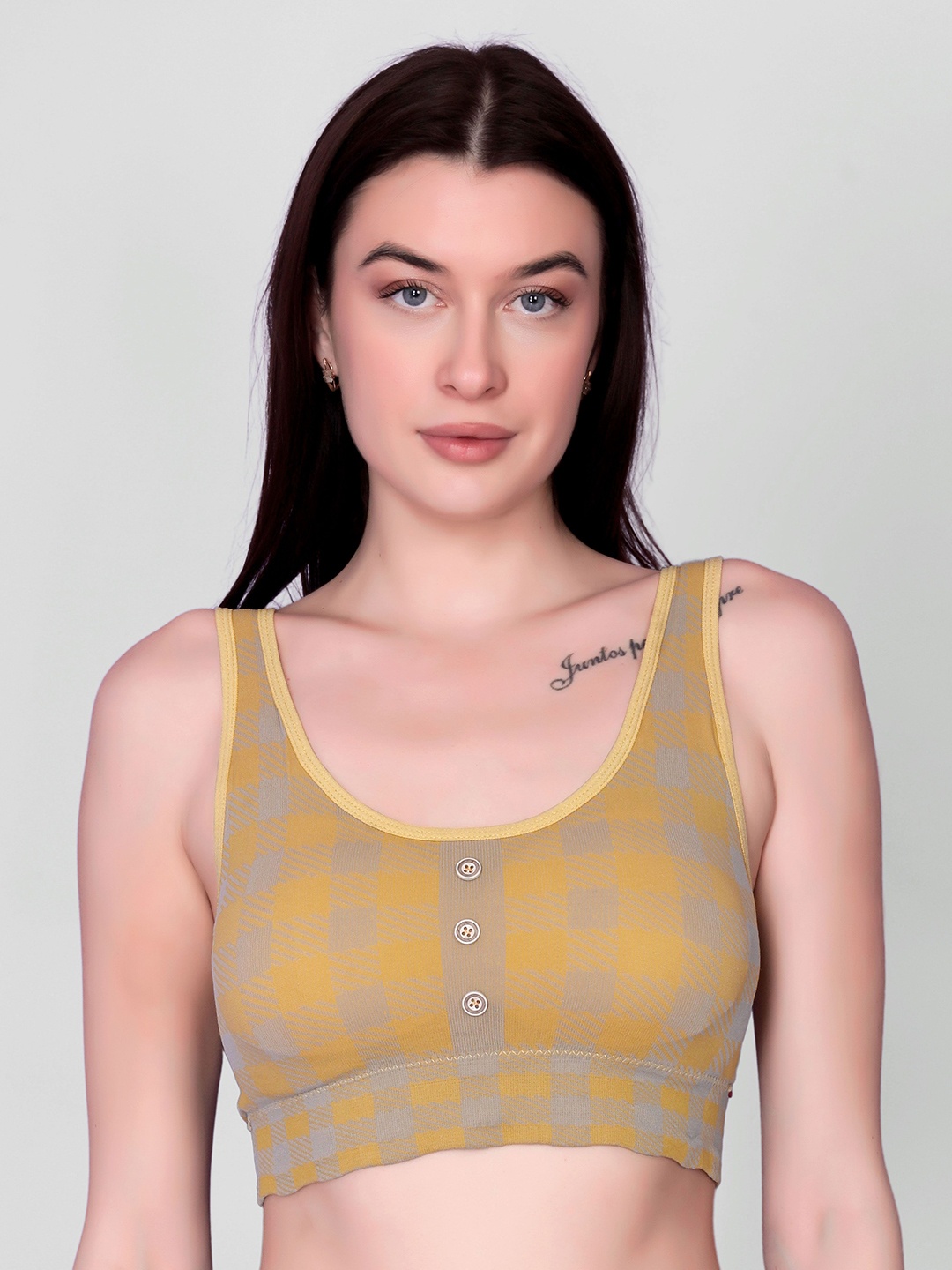 

Gopalvilla Checked Full Coverage Lightly Padded Workout Bra with All Day Comfort, Yellow