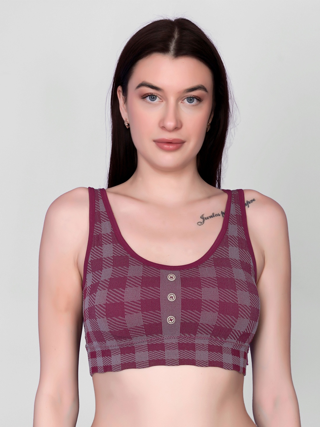 

Gopalvilla Checked Full Coverage Workout Bra with All Day Comfort, Maroon