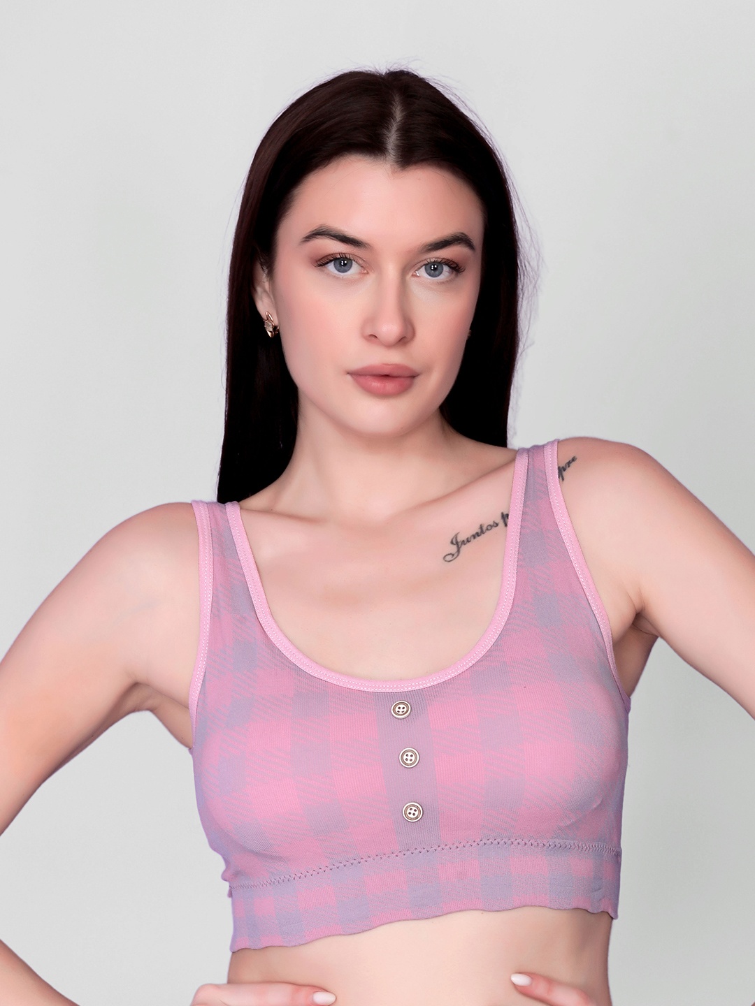 

Gopalvilla Checked Full Coverage Workout Bra with All Day Comfort, Pink