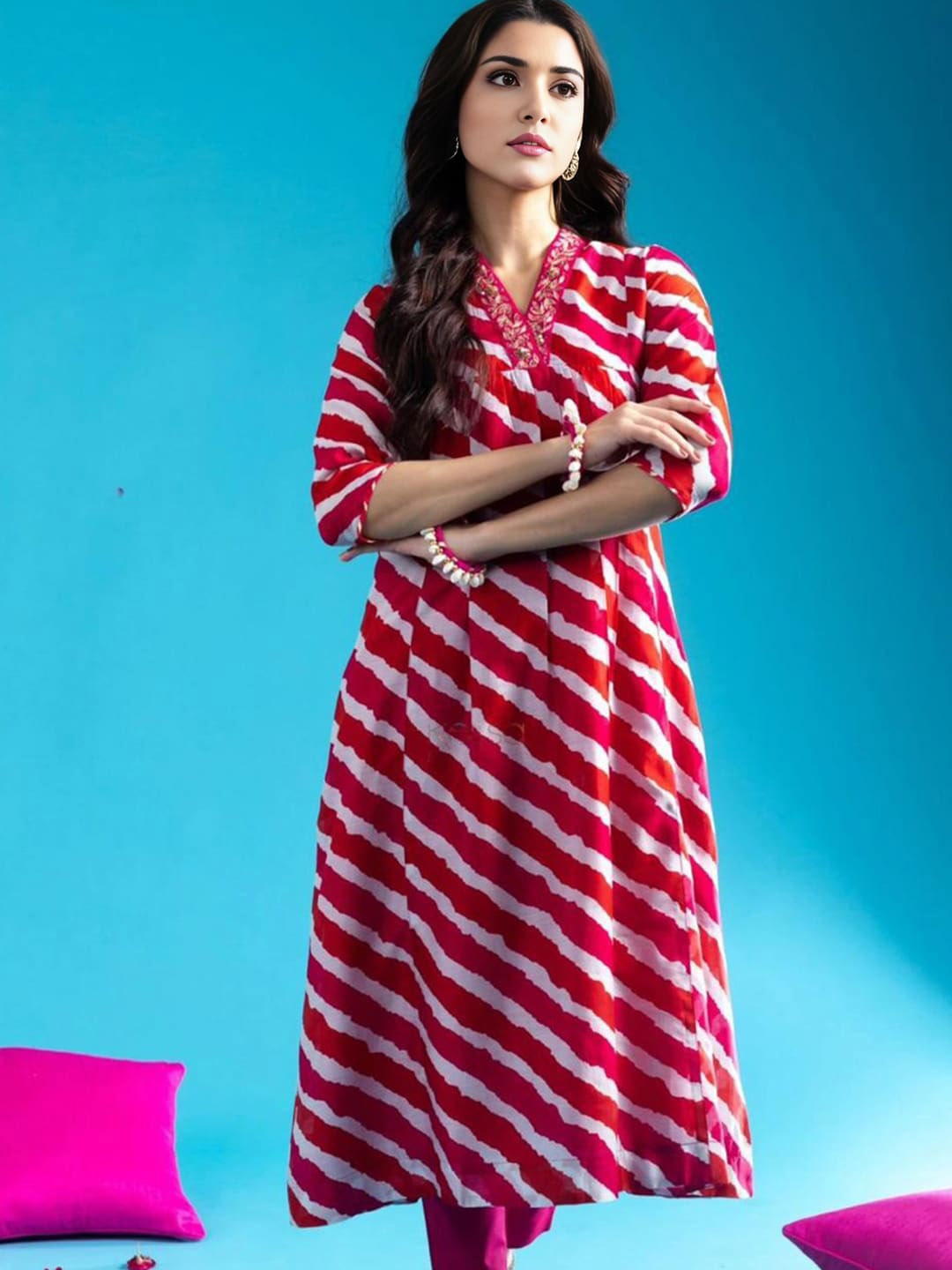 

BLACK SCISSOR Leheriya Printed V-Neck Pure Cotton A-Line Kurta with Trouser, Red