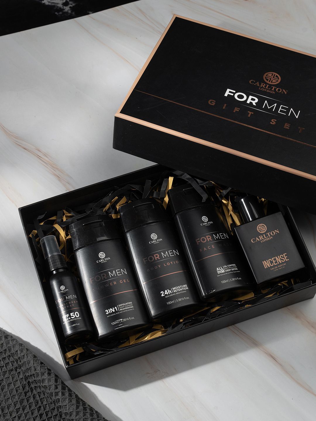 

Carlton London Set Of 5 Incense EDP Lotion Gel Facewash Sunscreen Gift Set - 100ml Each, Black