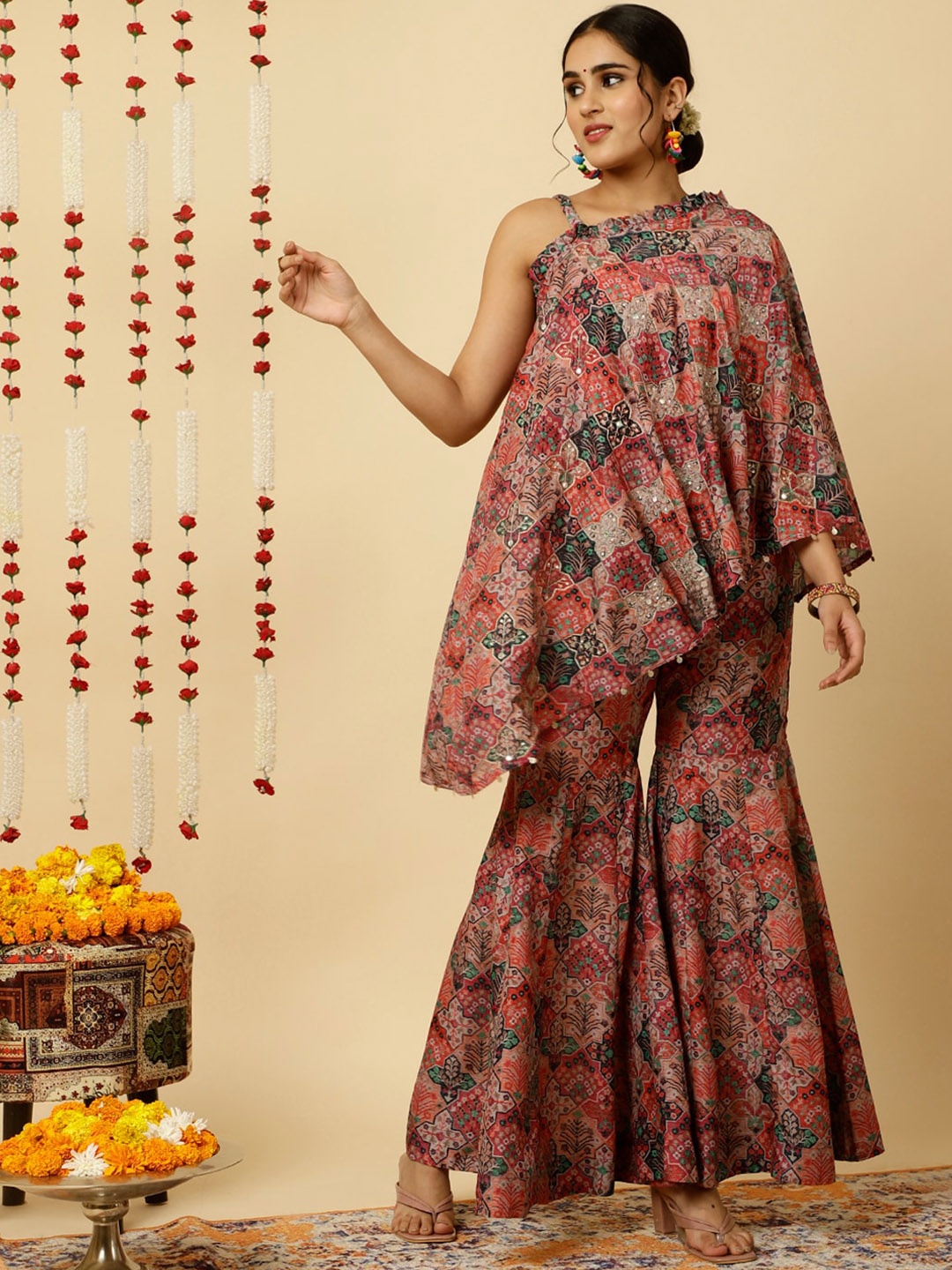 

Jaipur Kurti Aari Work One Shoulder Top With Sharara Co-ord Set, Rust