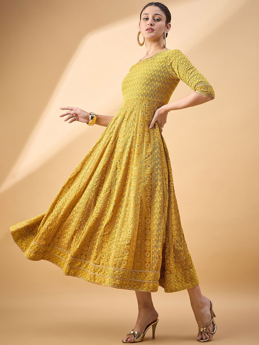 

all about you Ethnic Motifs Embroidered Maxi Ethnic Dress, Mustard