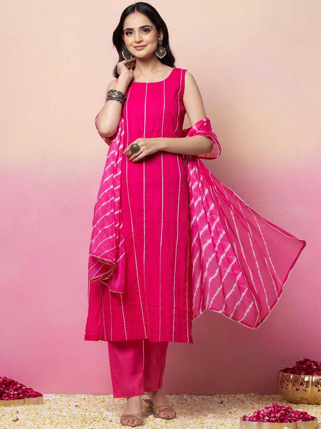 

INDYA Striped Regular Gotta Patti Pure Cotton Round Neck Kurta Trousers & Dupatta Set, Pink