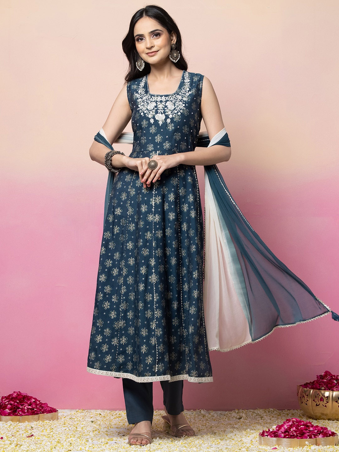 

INDYA Floral Embroidered Gotta Patti Anarkali Kurta With Trousers & Dupatta, Blue